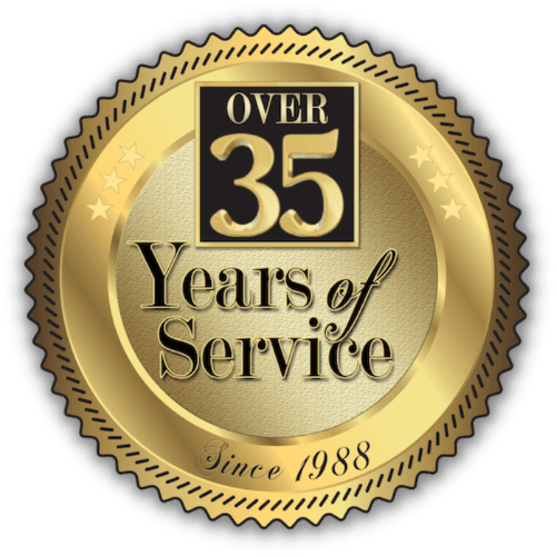 company service badge Warners Decking 35 Years of Deck building Service Badge.