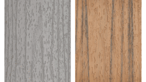 Close-up of Trex Enhance decking boards in Golden Hour and Pebble Beach, displayed side by side to show the warm golden-brown and cool gray color tones with realistic wood-grain textures and natural composite finishes.