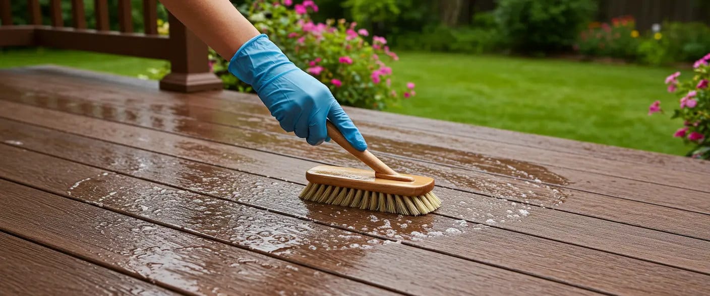 Showcasing how to clean Trex decking with a soft-bristle brush using warm water and mild soap during regular maintenance.