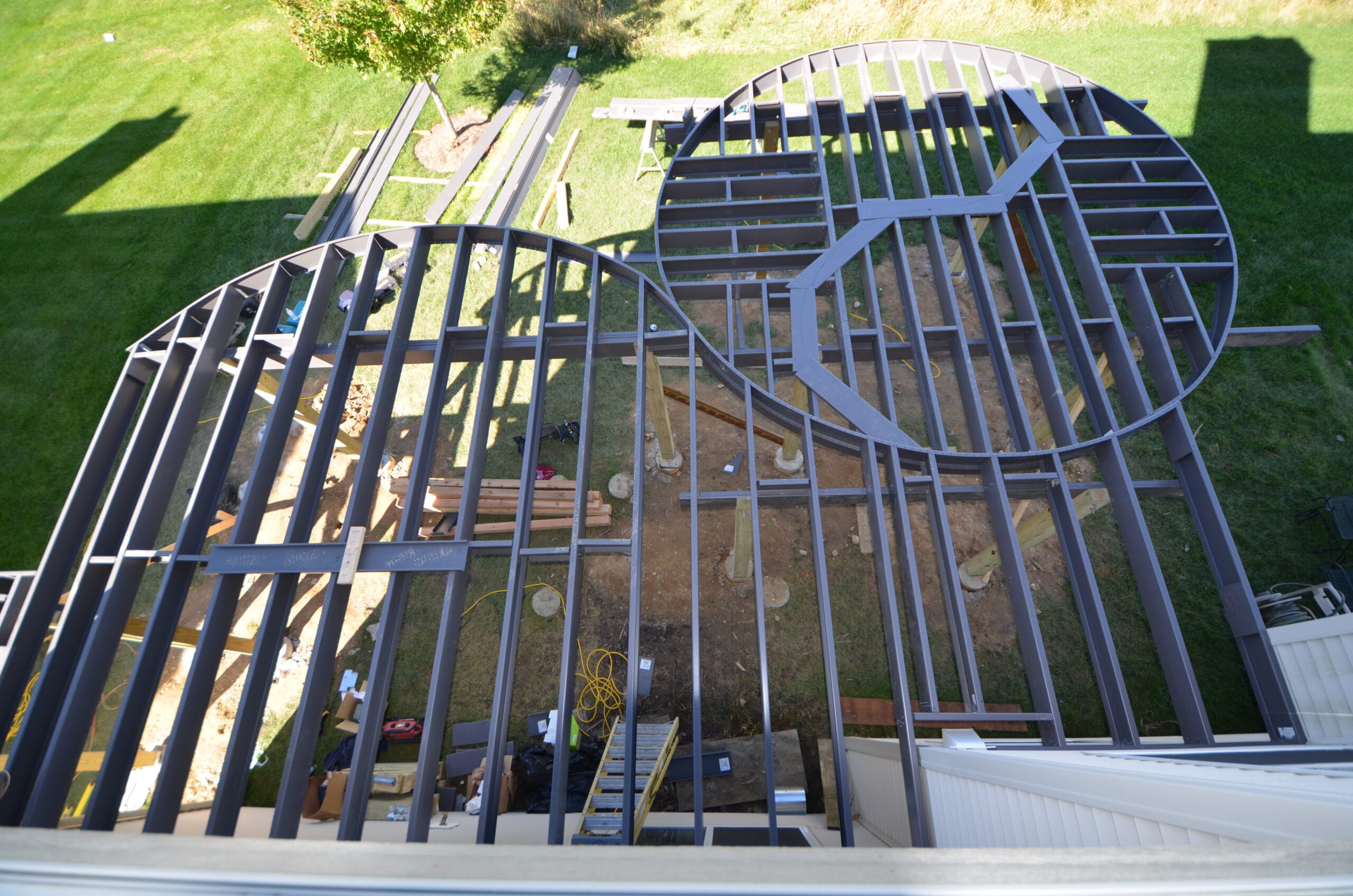 Steel frame showing deck building process.
