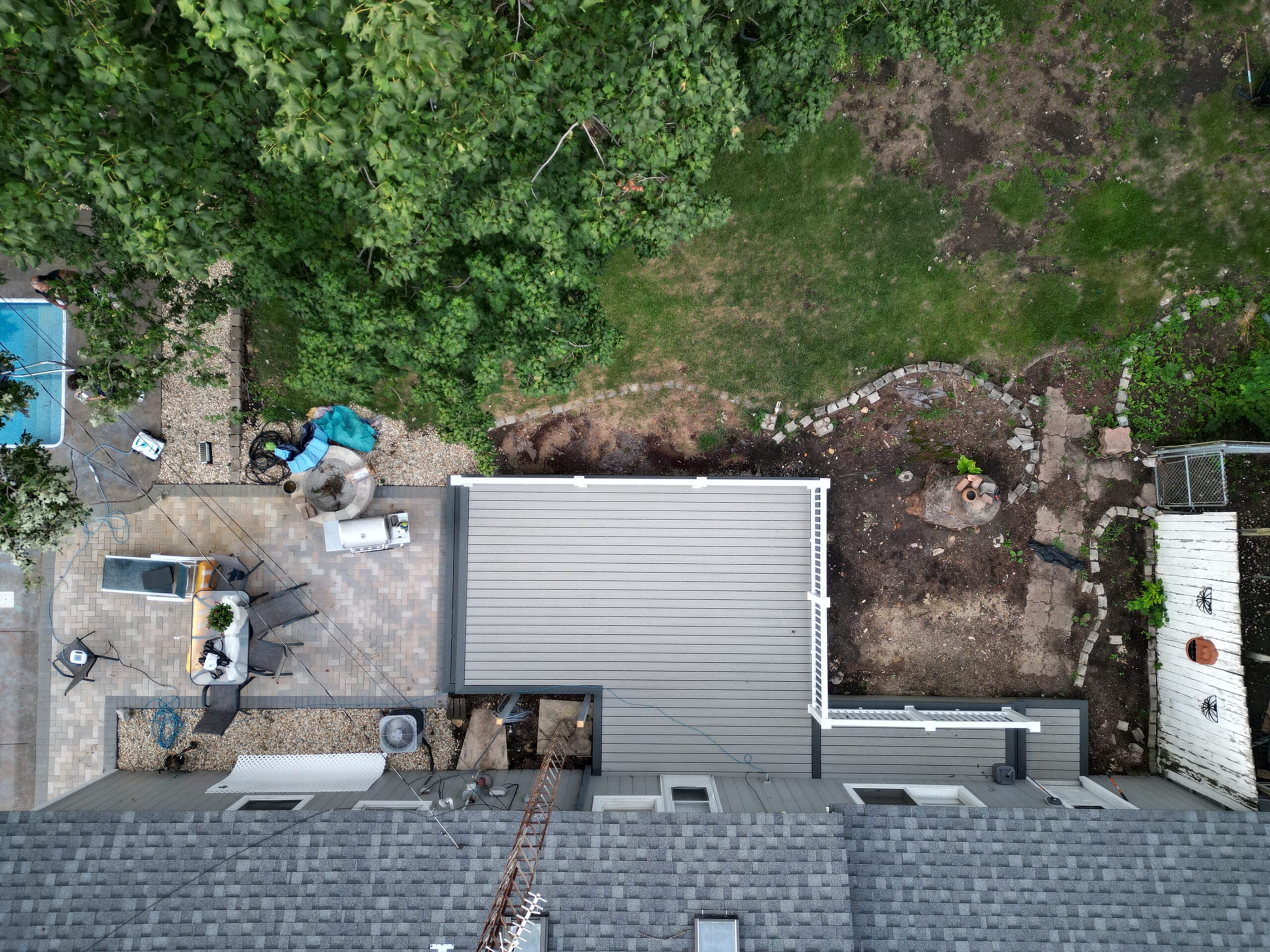 Ariel view of Trex decking and backyard.