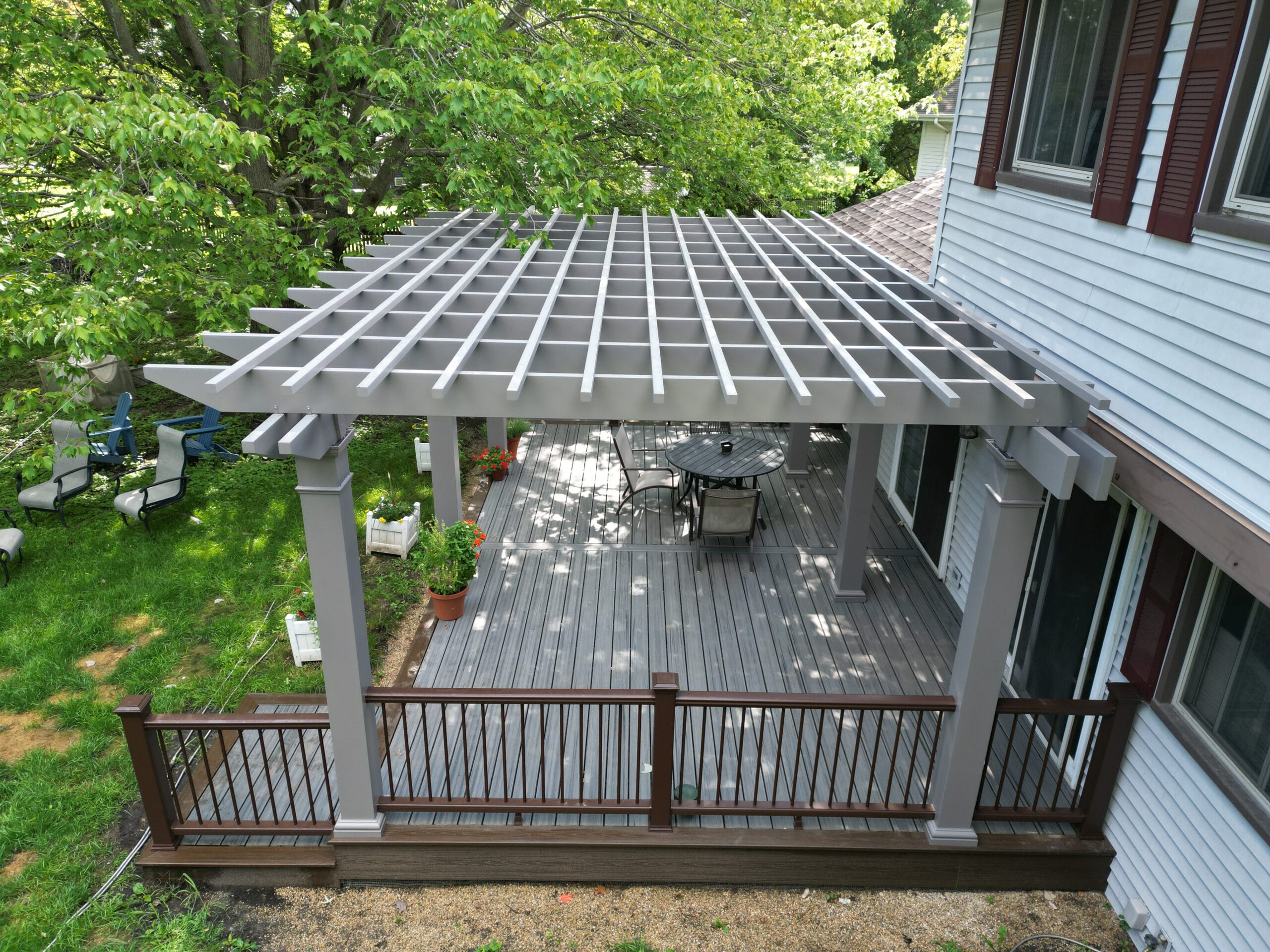 Freestanding Fiberglass Pergola on top of a newly installed Trex composite deck in Naperville, IL.
