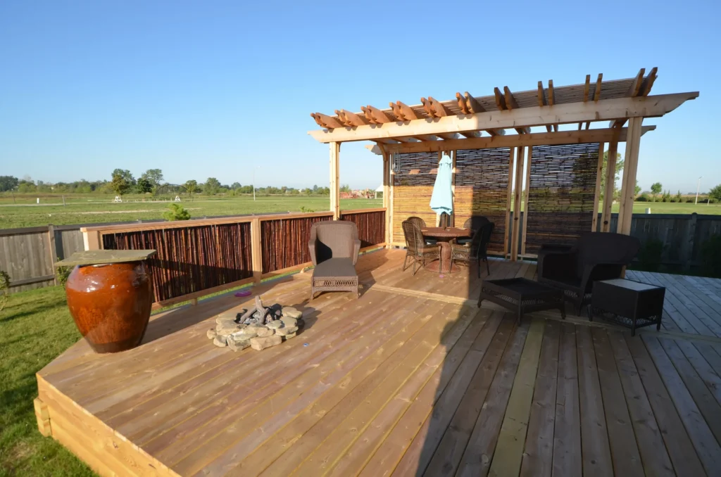 new wooden deck with a cedar pergola in Chicago suburbs.