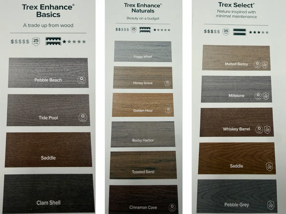 Trex deck color palette showing a range of composite decking shades from light gray and warm brown to dark charcoal