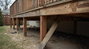 Wobbly posts holding up a deck needing replacement.