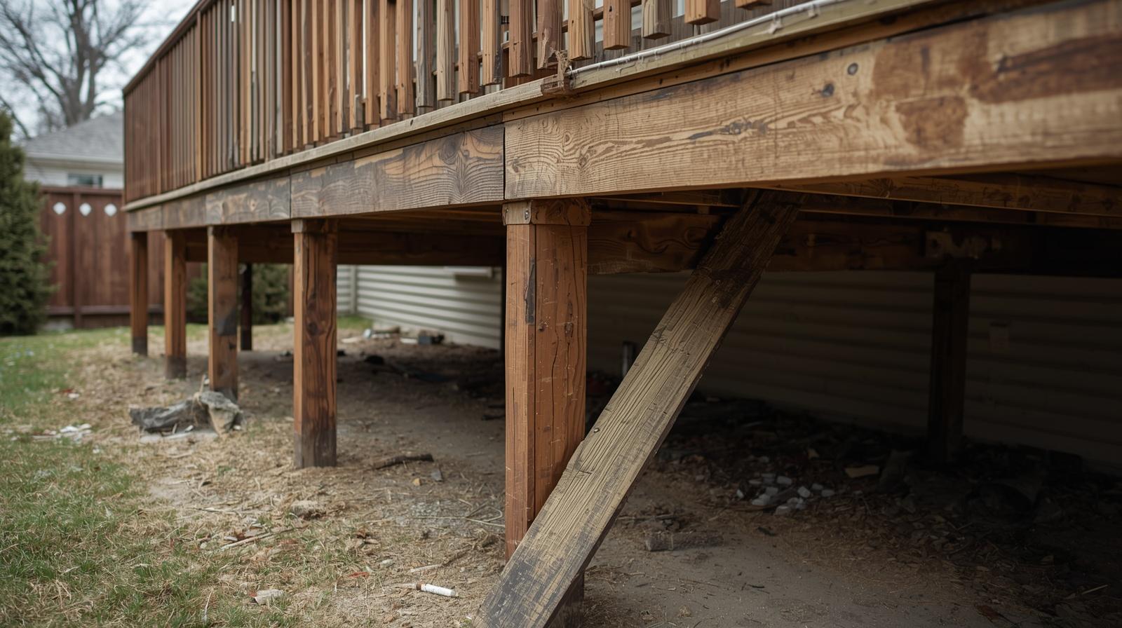 Wobbly posts holding up an old deck needing replacement.