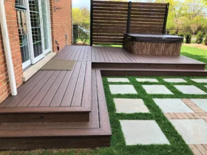 Backyard view of a new composite deck installation in Saint Charles, IL.