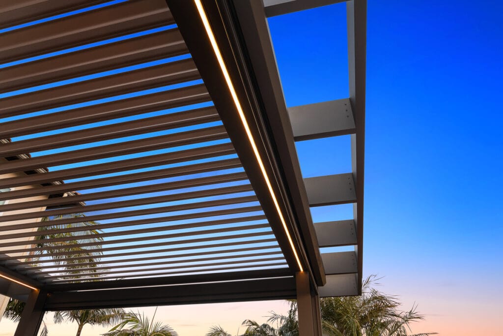 Motorized pergolas recessed LED lights.