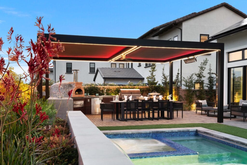 Red LED integrated lighting pergola