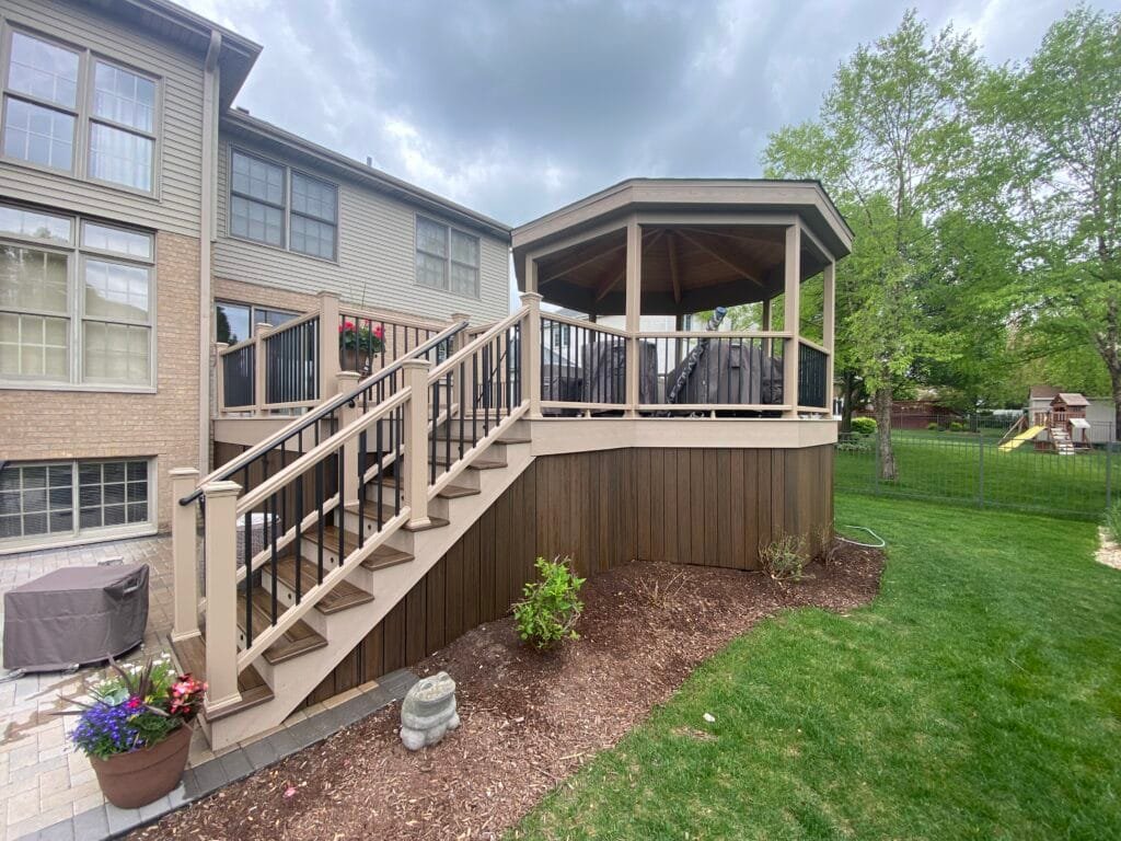 Raised composite deck with a gazebo in Downers Grove IL.