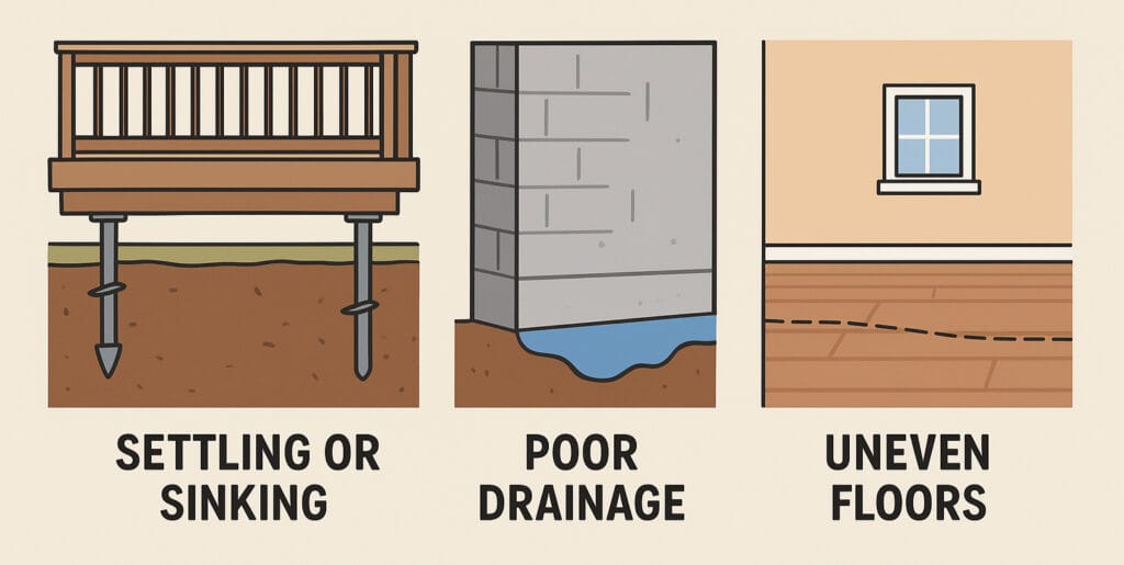 Diagram illustrating the installation and structure of helical piers supporting a deck foundation.