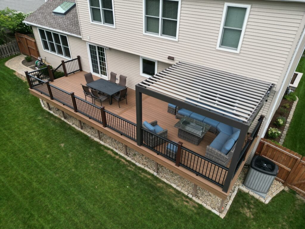 Attached Trex pergola on top of a newly built raised deck.