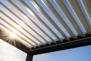 Pergola louvers providing shade.