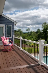 Newly installed  raised Fiberon composite deck on a in the Chicago suburbs, showcasing railing and outdoor living space