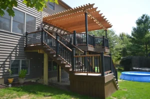 Trex decking with a cedar pergola by deck builders in Naperville, IL.