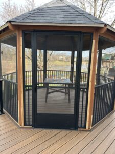Screened gazebo with a deck resurface completed in Lisle, IL nearby Naperville.