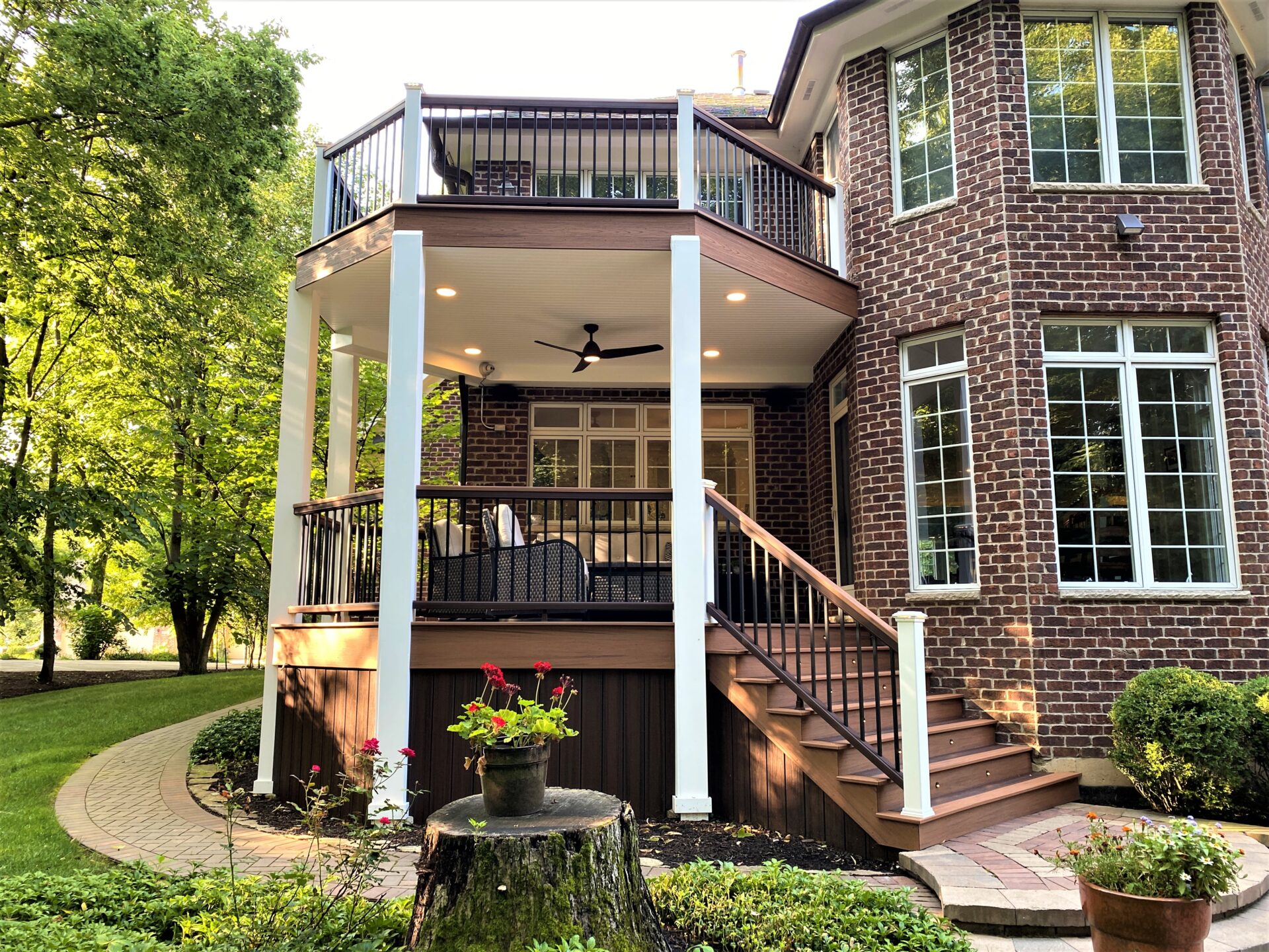 Multi-level design composite deck balcony installed in Chicago area.