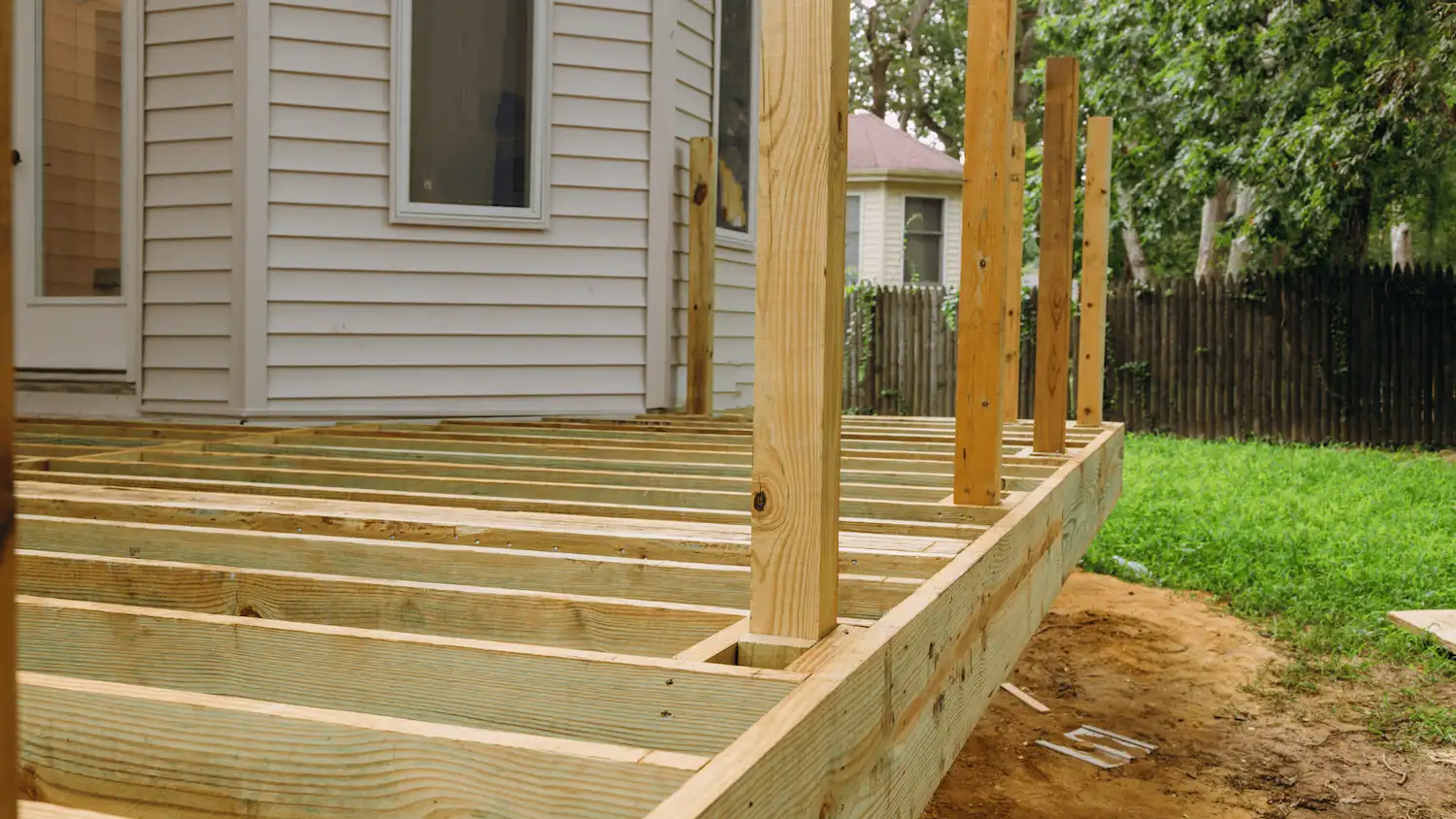 deck-substructure Up close view of deck framing preparation for new decking boards.