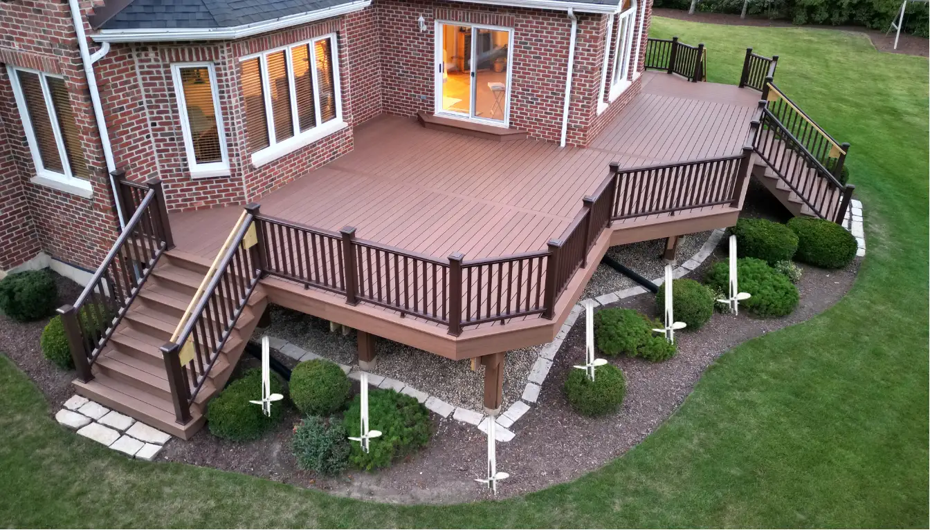 Composite deck with helical pile footings.